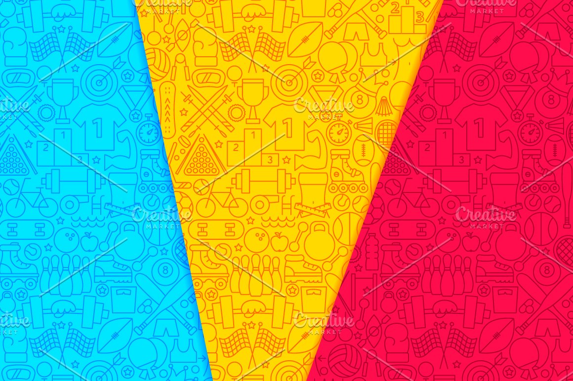 Blue, yellow and red patterns with sport icons.