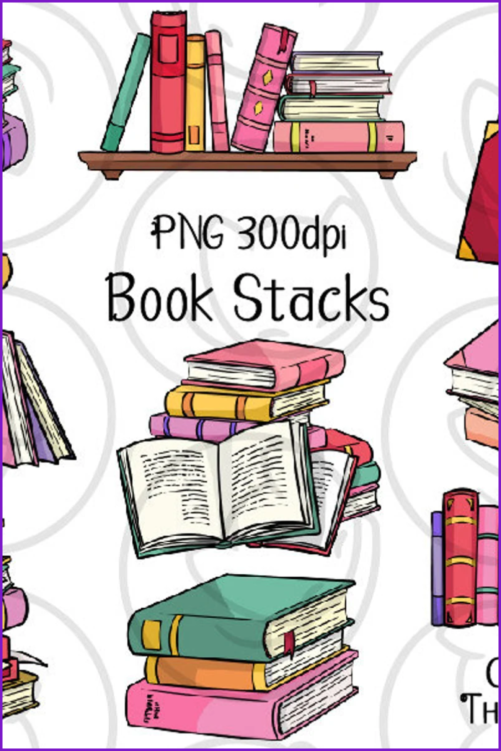 Collage with drawn books in a stack, on a shelf and open.