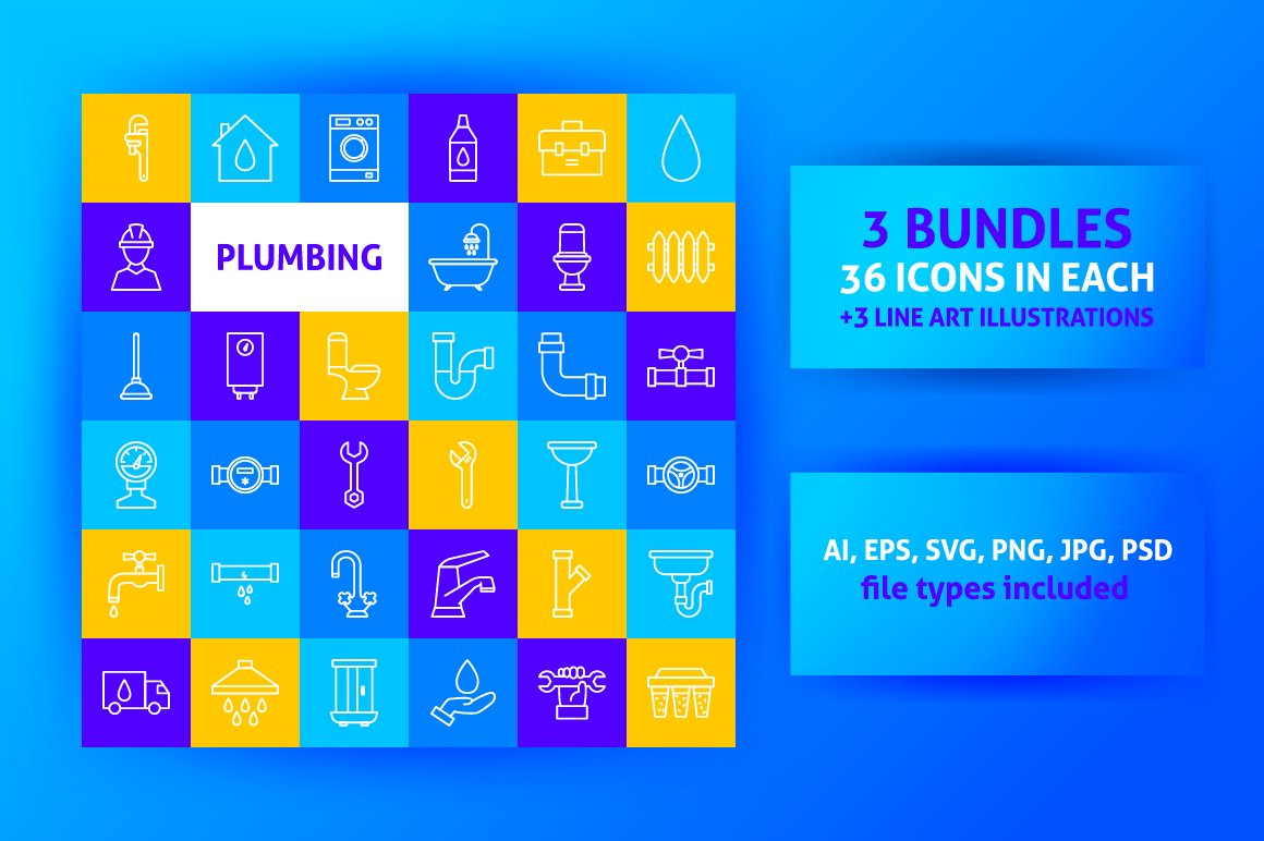 Vivid blue background with colorful icons.