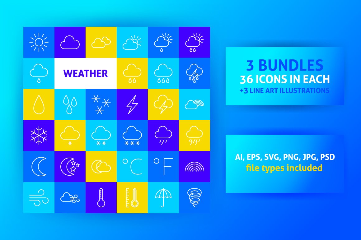 Blue background with colorful icons.