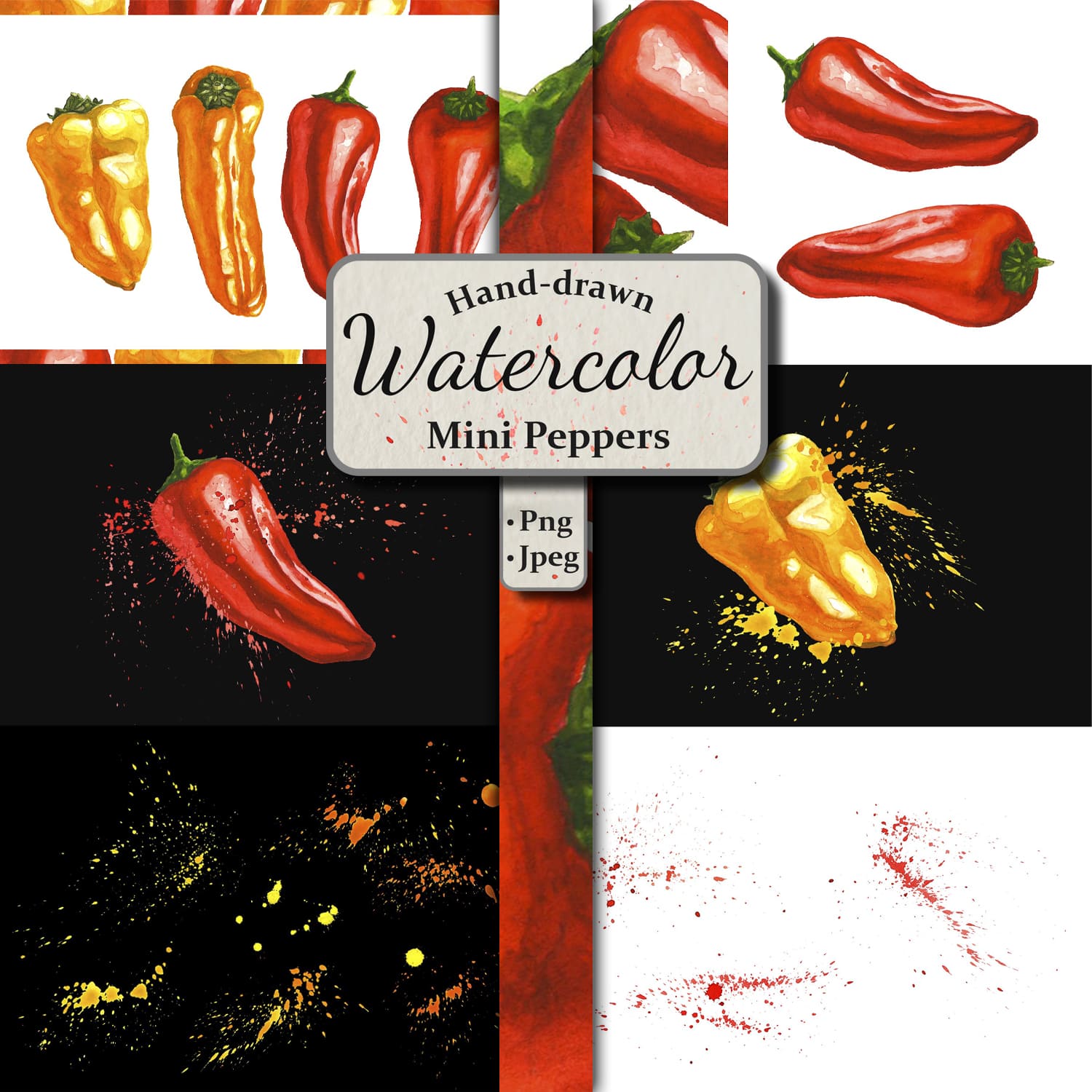 Mini Peppers. Hand drawn watercolor illustrations cover.