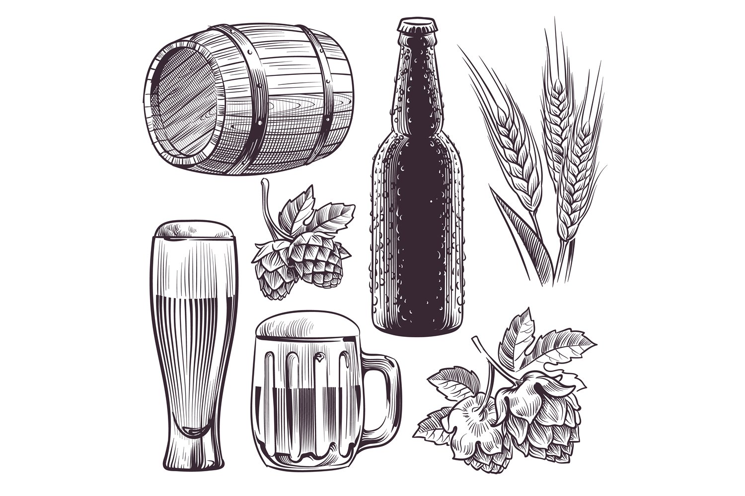 White background with hand drawn beers and some ingredients.