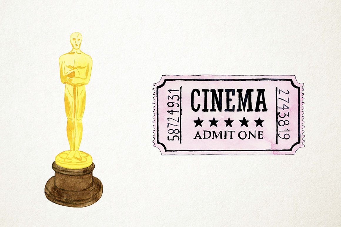 Oscar and watercolor vintage movie ticket.