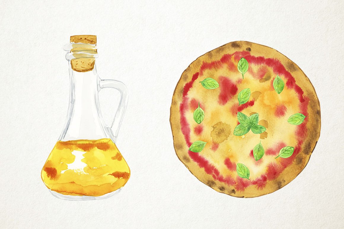 Pretty watercolor oil and pizza.
