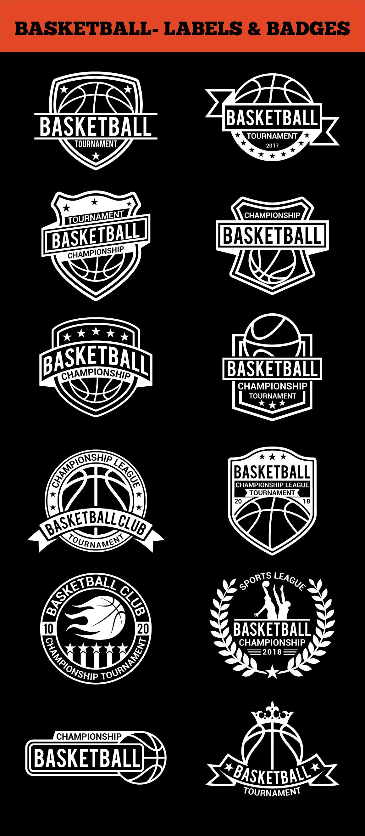 White basketball logos on a black background.