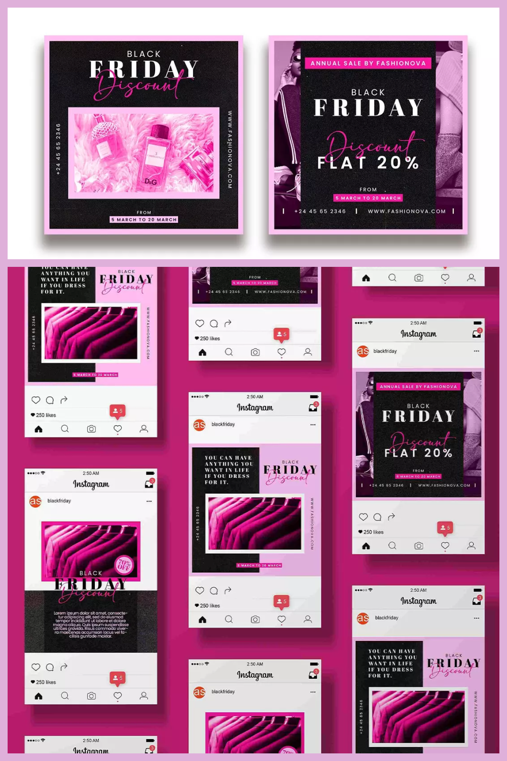 Collage of flyers with black and white text on a pink background.