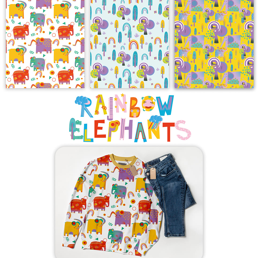 Rainbow Elephants Set Seamless Pattern, good for kids clothes.