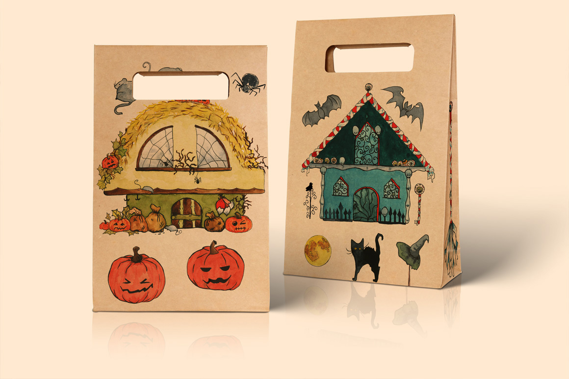 Watercolor Illustrations And Seamless Patterns With Halloween Mood Paper Bag Print Example.