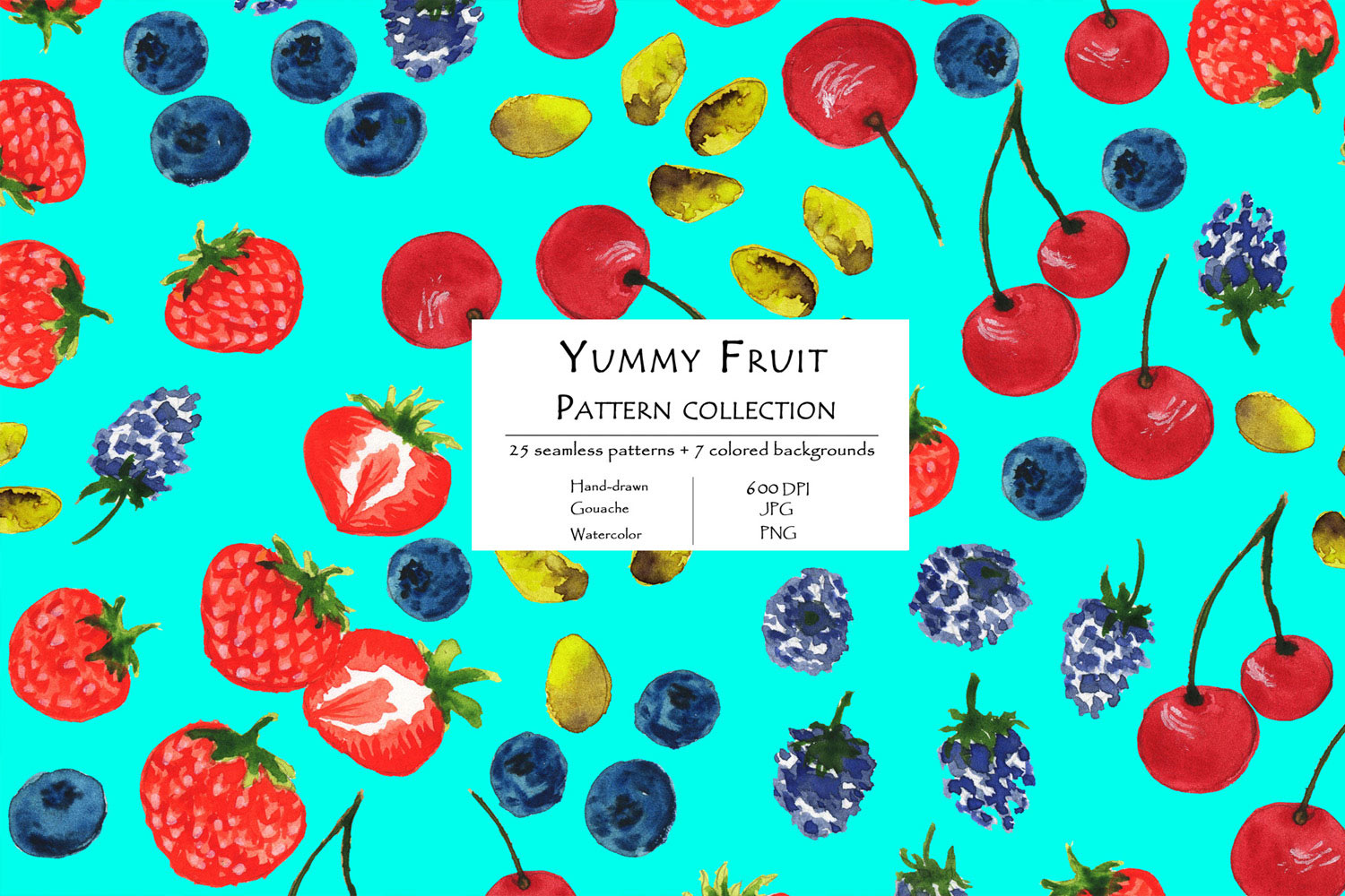 Yummy Fruit Pattern Collection With 25 Seamless Patterns And 7 Backgrounds Blue Background Example.