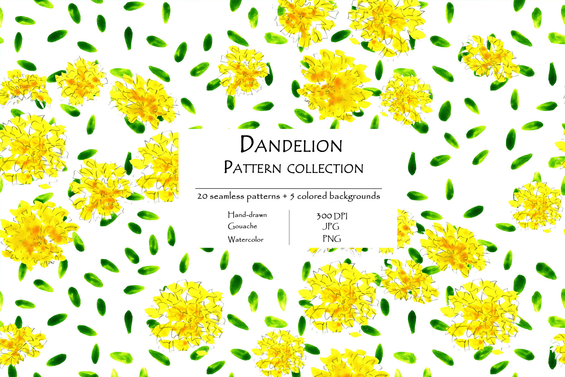 Dandelion Pattern Collection Of 20 Seamless Patterns And 5 Colored Background Cover Example.