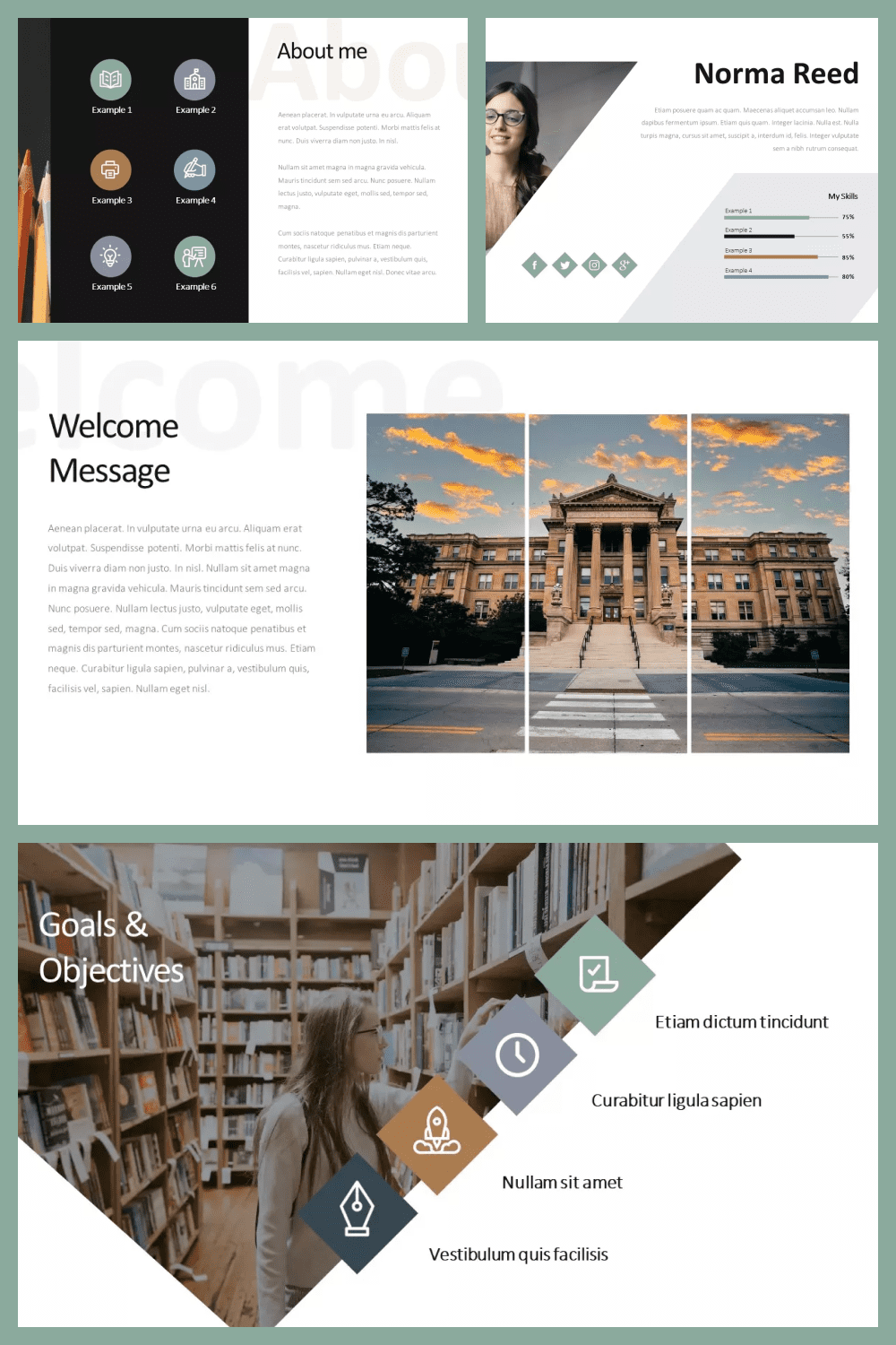 Screenshots of the template pages with a white background with photos of the library.