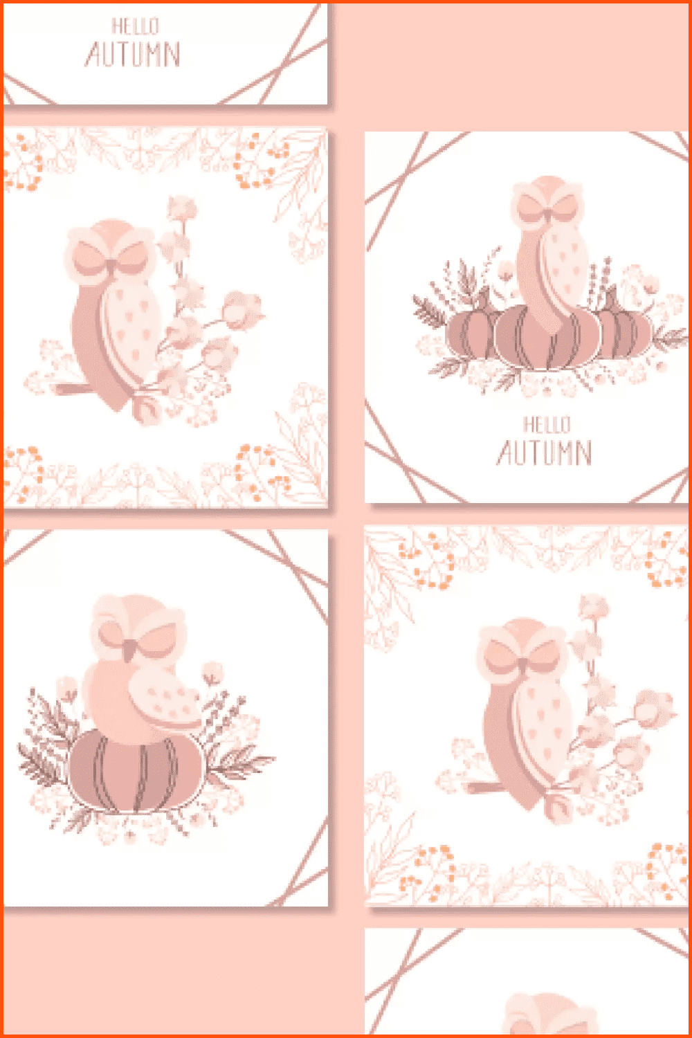 Collage of images of a painted owl on pumpkins and flowers.