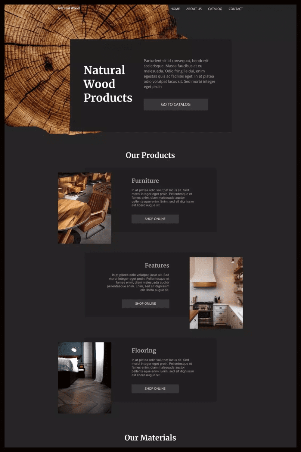 Screenshot of the page with dark design and photos of furniture.