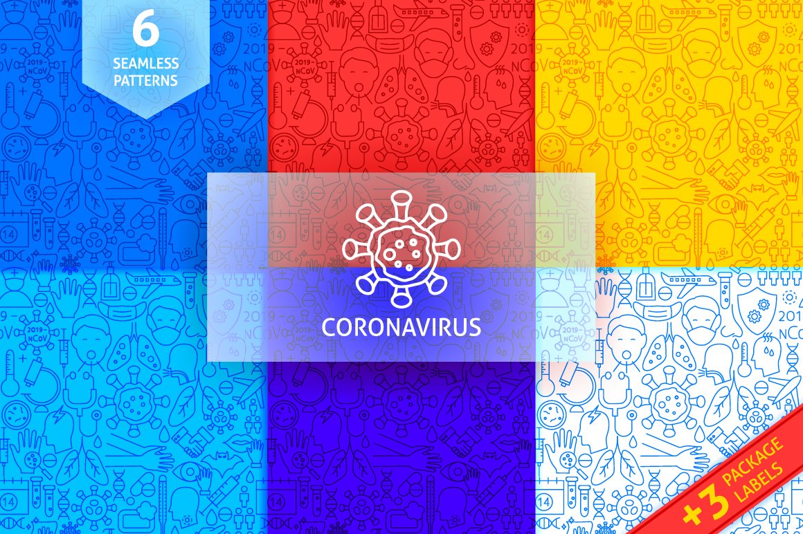 Coronavirus icons on multicolor patterns.