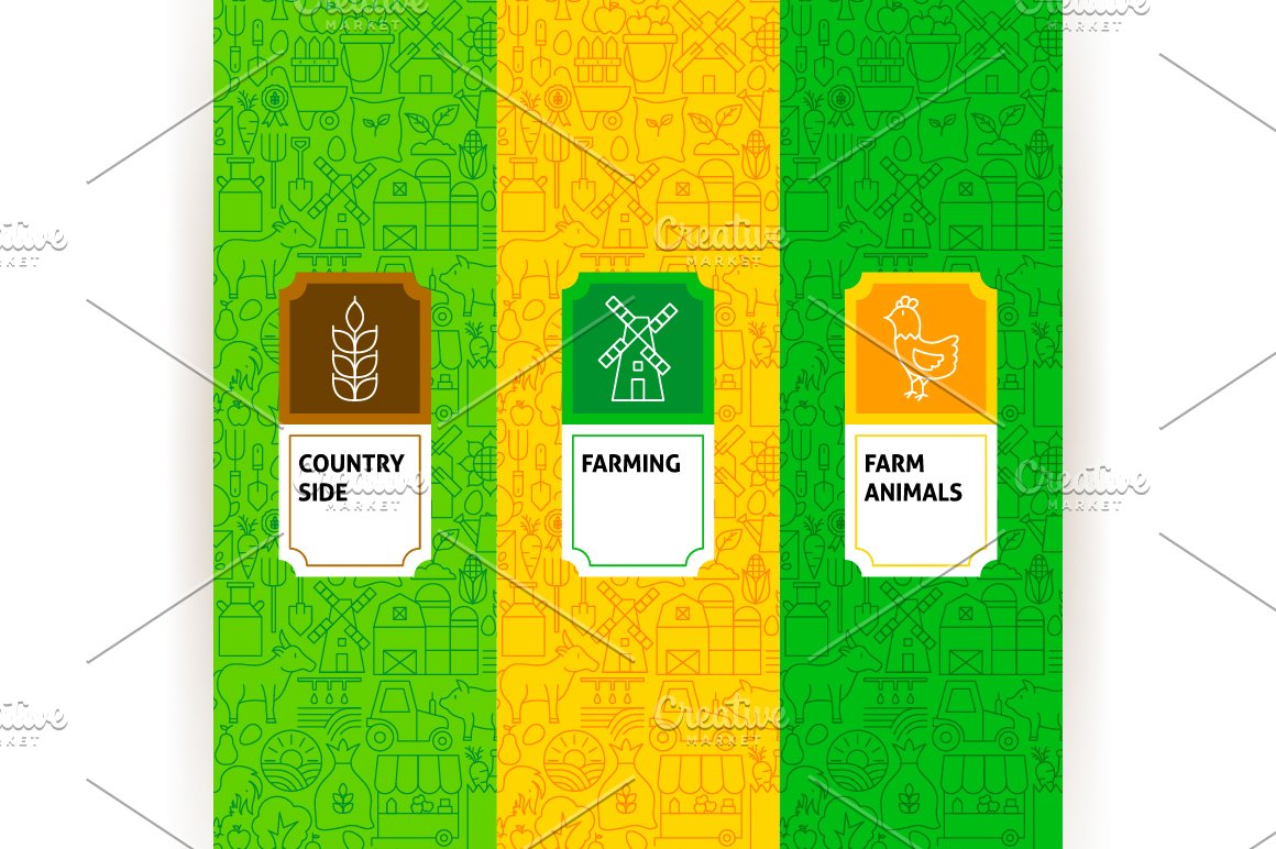 Green and yellow backgrounds with stylish farming icons.