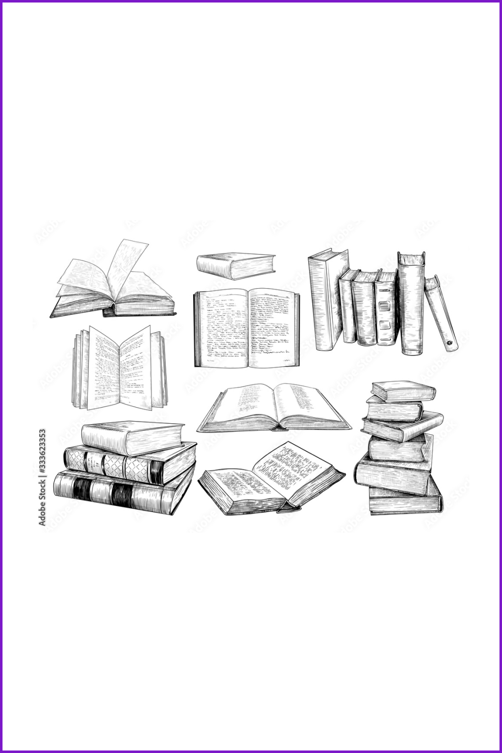 Collage with sketches of black and white books in a stack and open.