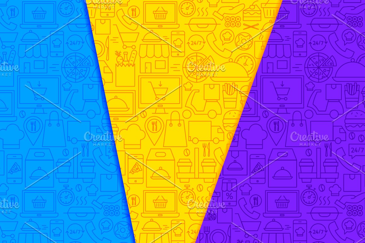 Blue, yellow and purple patterns with food delivery icons.