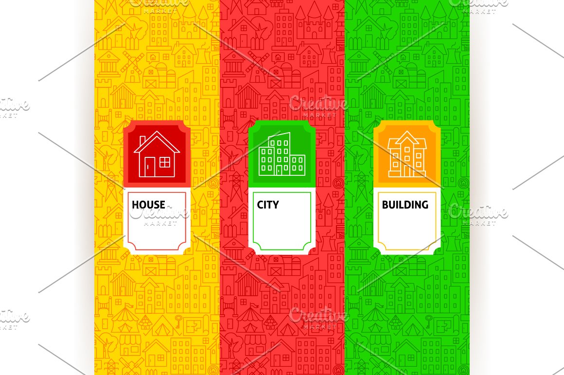 Cool building icons collection on colorful backgrounds.