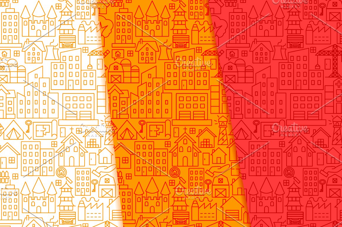 Warm colors with buildings icons.