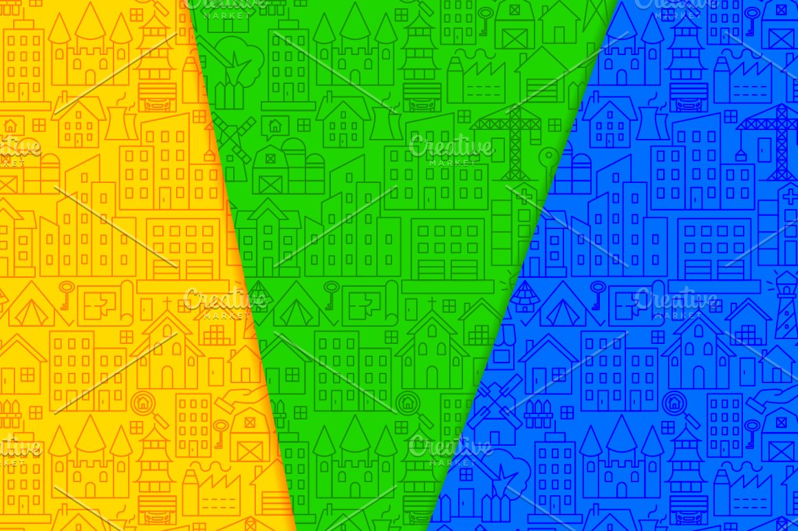 Yellow, green and blue building icons.