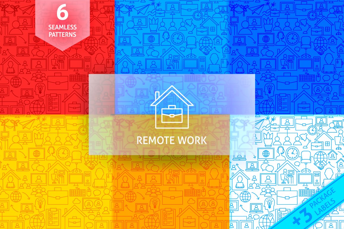 Vivid patterns with remote work icons collection.