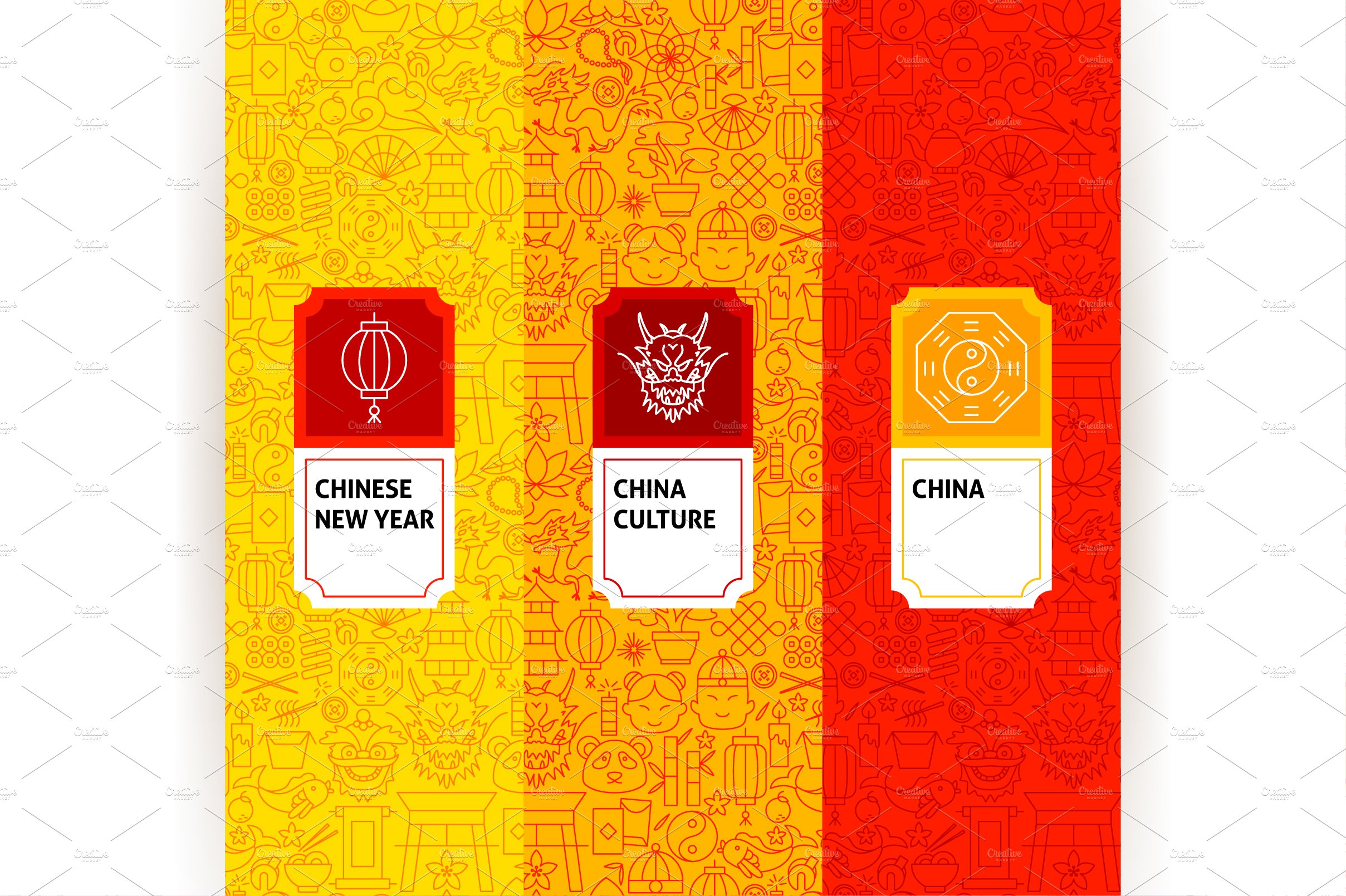Orange and red background with Chinese New Year icons.