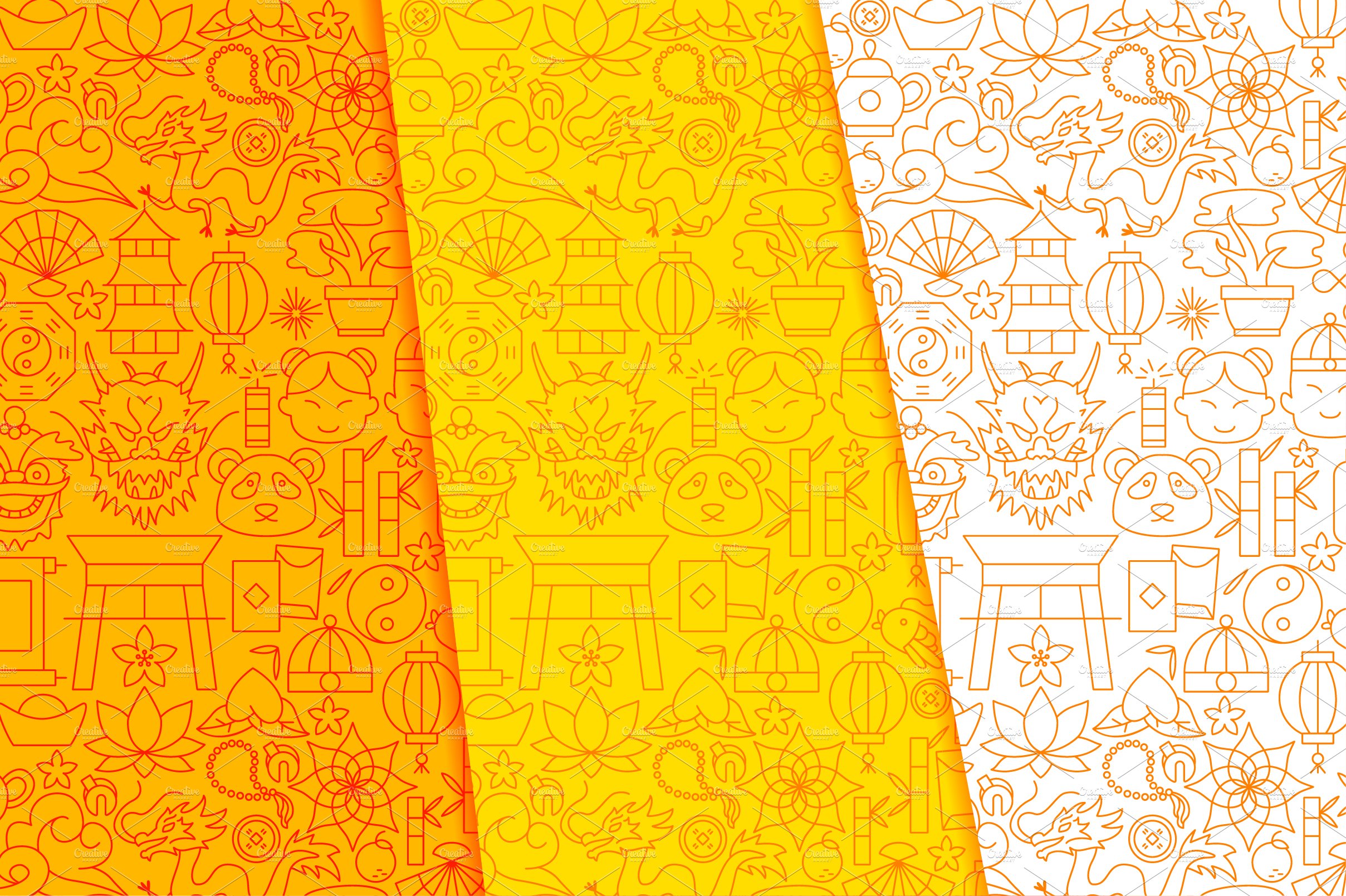 Orange and yellow patterns with Chinese New Year icons collection.