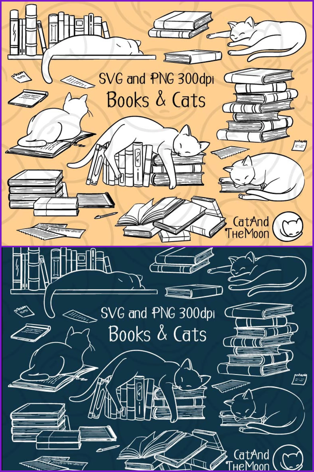 Collage with sketches of black and white books in a stack and open with cats on them.