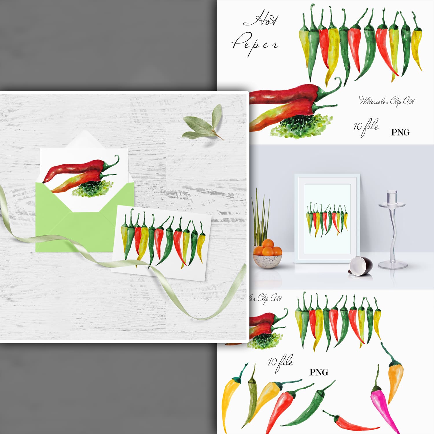 Kitchen wall decor Watercolor clipart Hot Pepper cover.