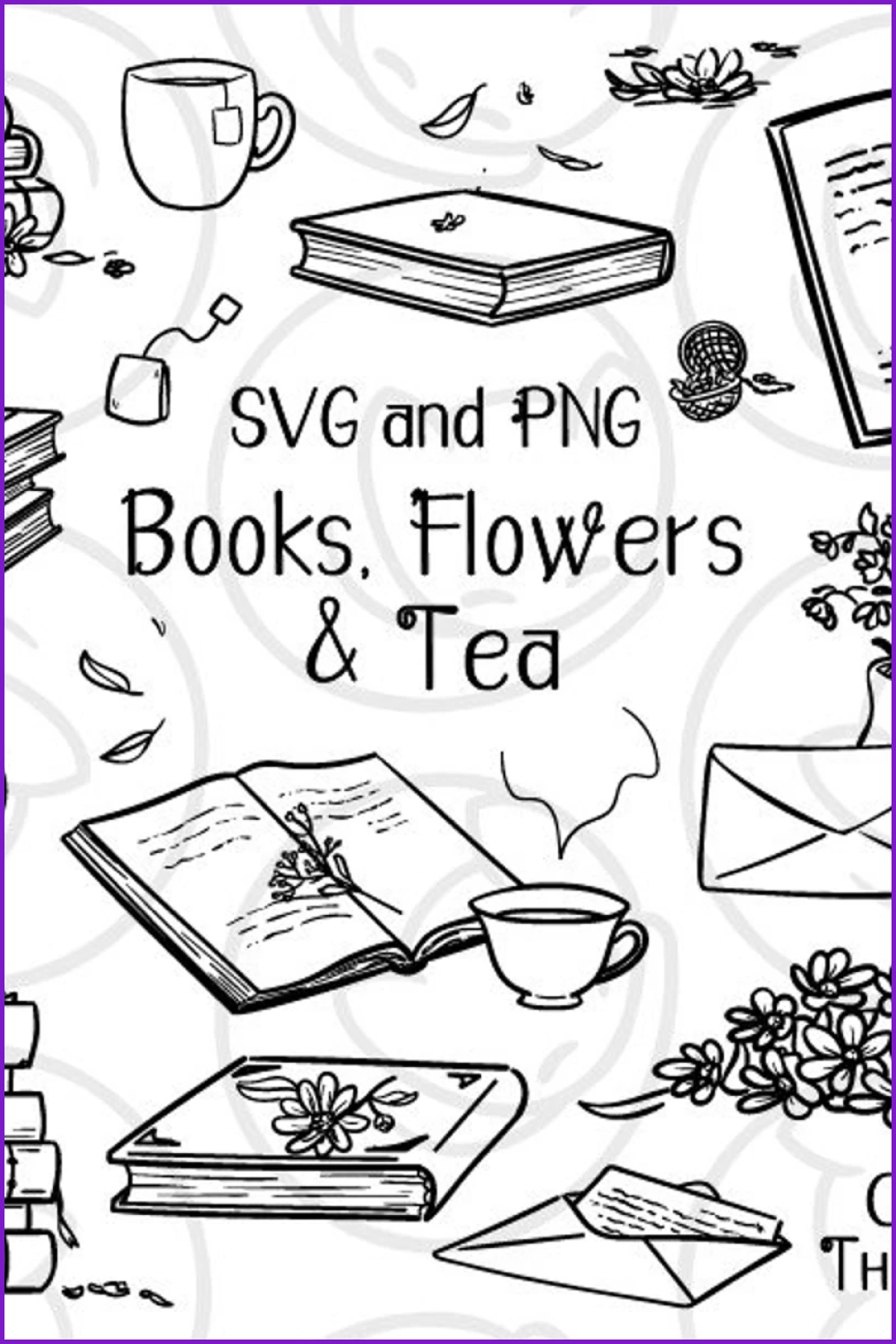 Collage with sketches of books, cups of tea and flowers.