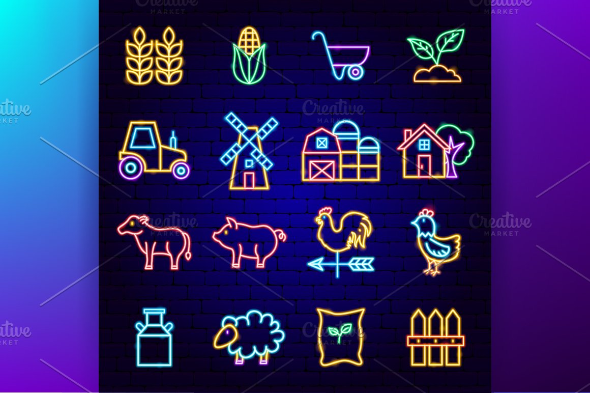 Cool neon farming icons collection.