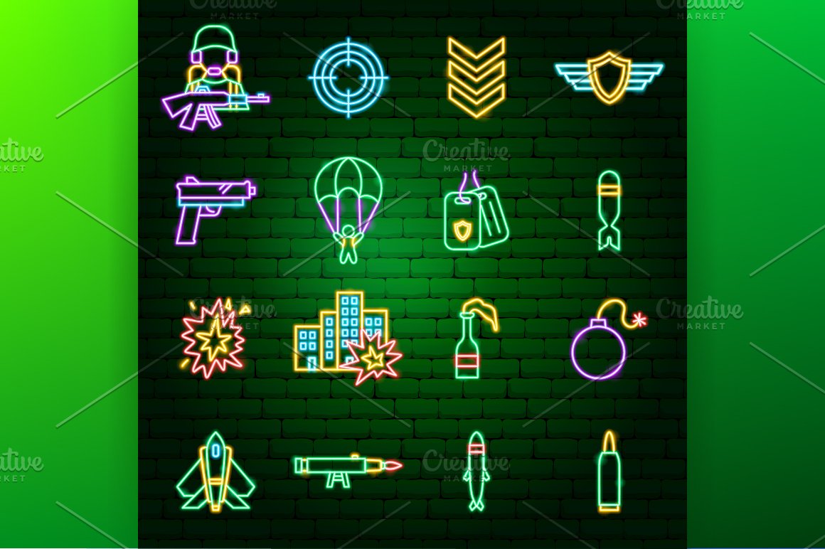 Green background with war neon icons.