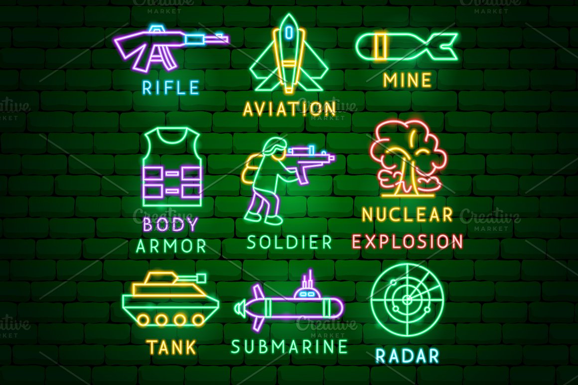 Some war neon icons for military project.