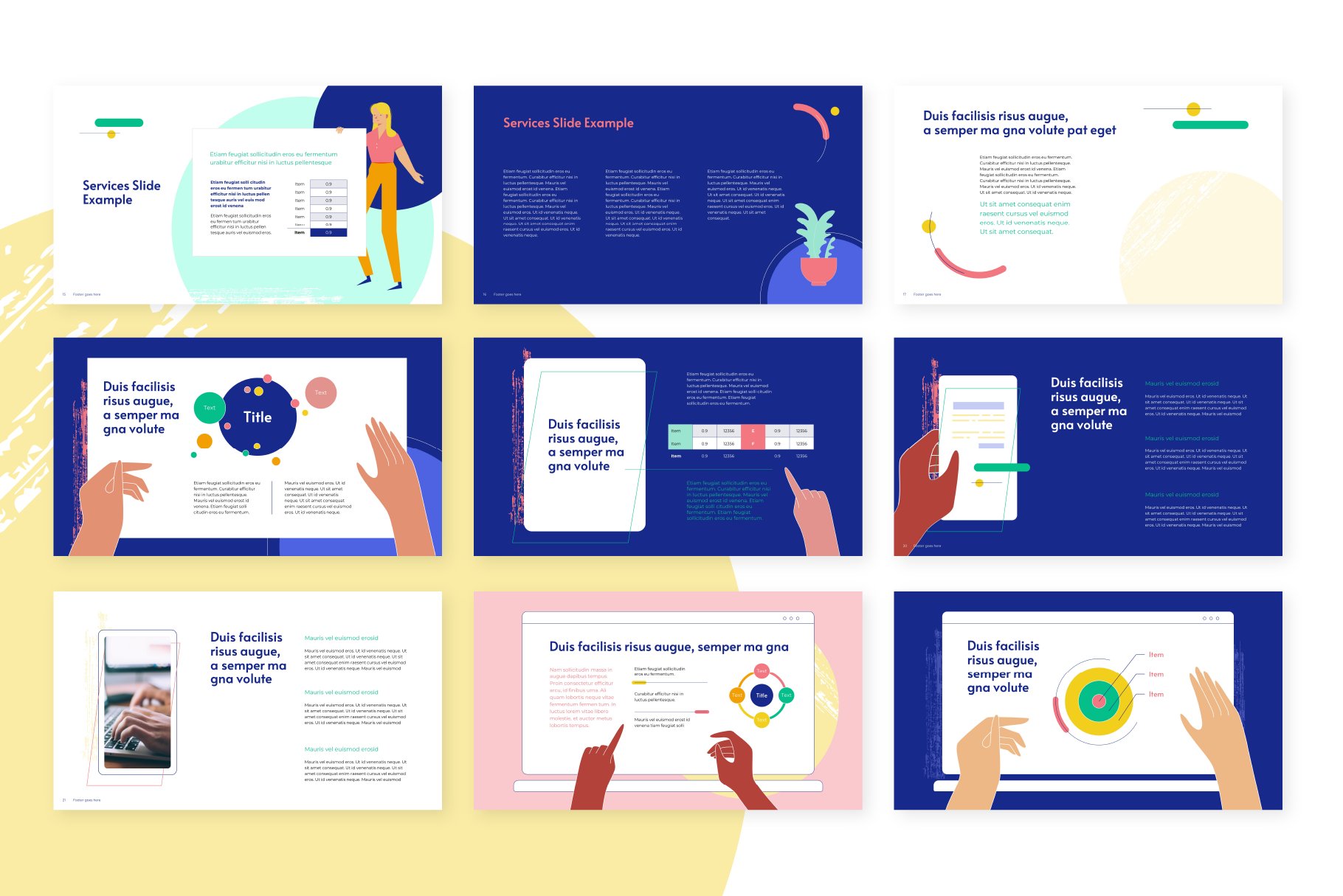 Colorful slides with blue sections and cool graphics.
