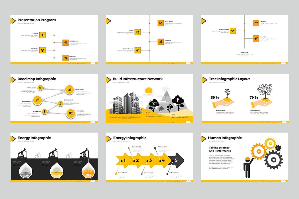 White background with interesting yellow elements and infographics.