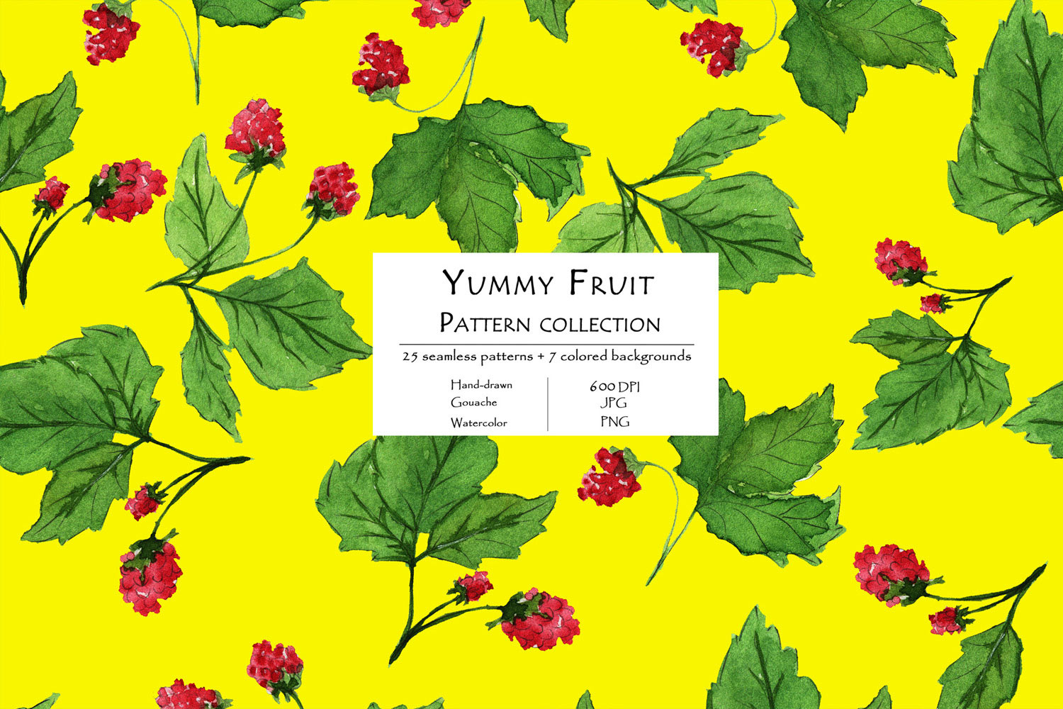 Yummy Fruit Pattern Collection With 25 Seamless Patterns And 7 Backgrounds Yellow Background Example.