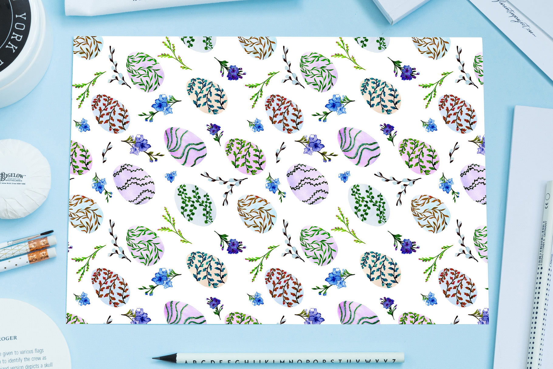 Watercolor Illustrations And Seamless Patterns With Spring Easter Mood Paper Print Example.