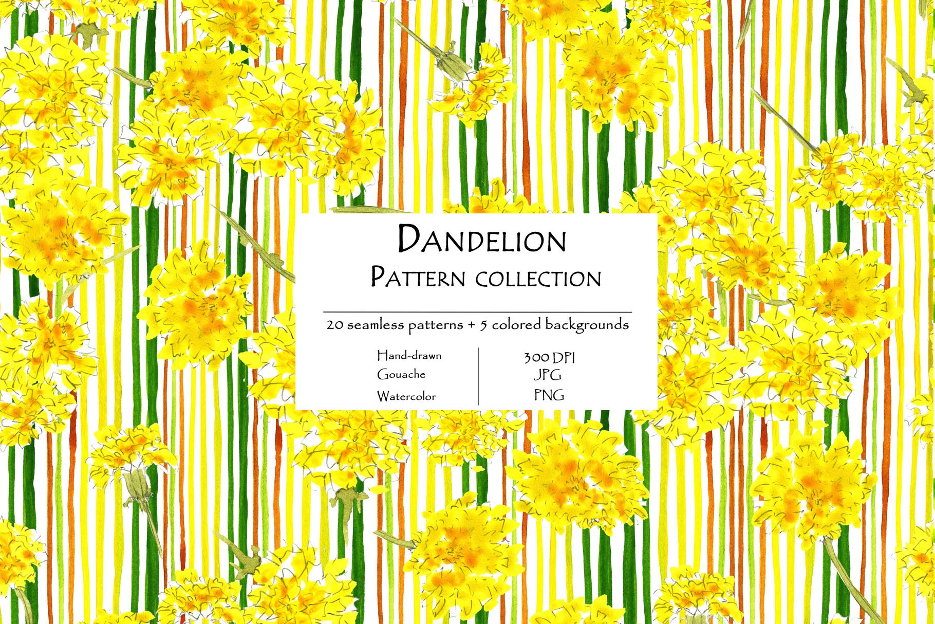 Dandelion Pattern Collection Of 20 Seamless Patterns And 5 Colored Background Striped Background.