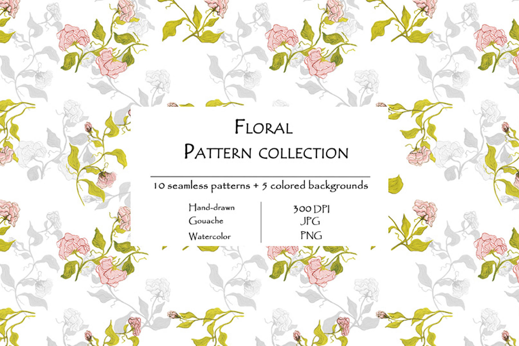 Floral Pattern Collection Of 10 Seamless Patterns And 5 Colored Backgrounds Leaves.