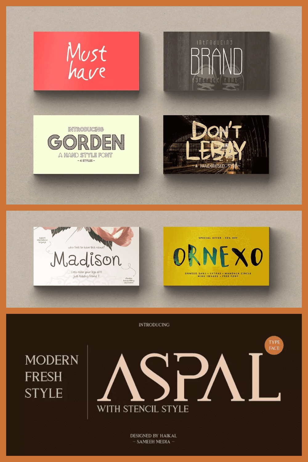 Collage of business cards with different font options.