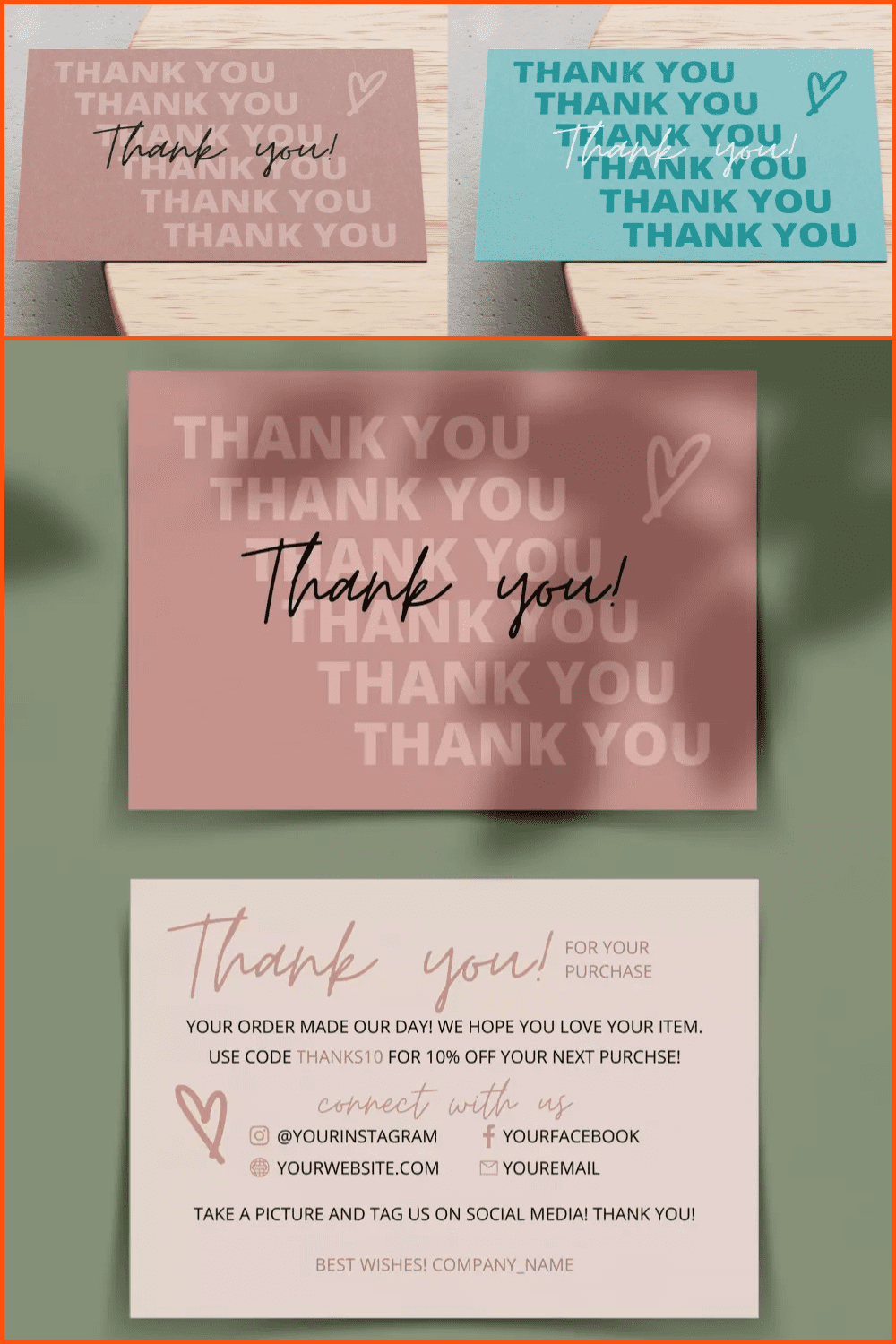 Collage of images of multi-colored cards with the inscription Thank you.