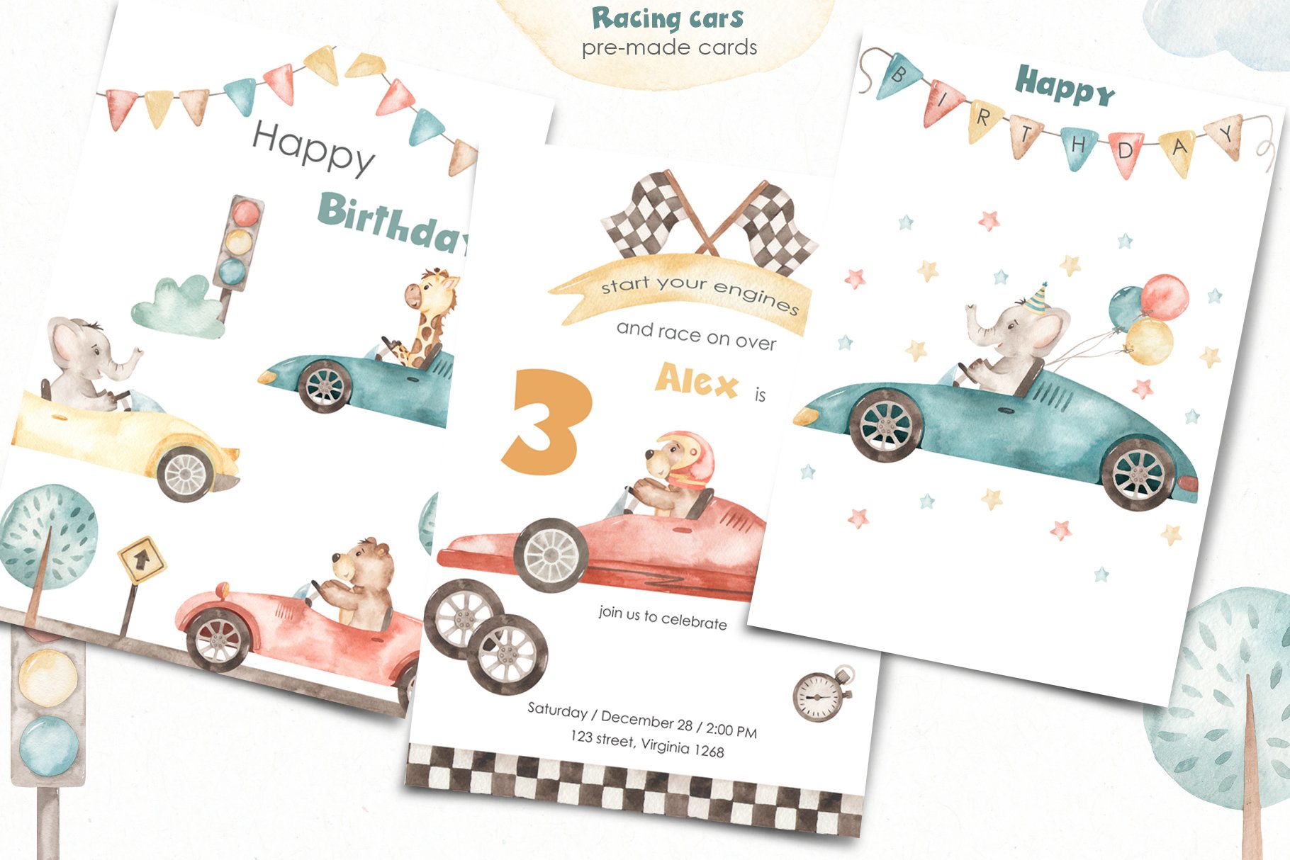 Some options of cards with vintage racing cars.