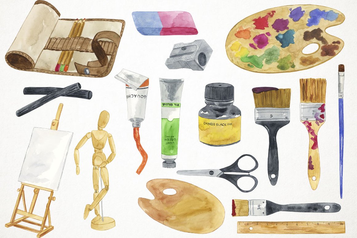 Art tools in a watercolor style.
