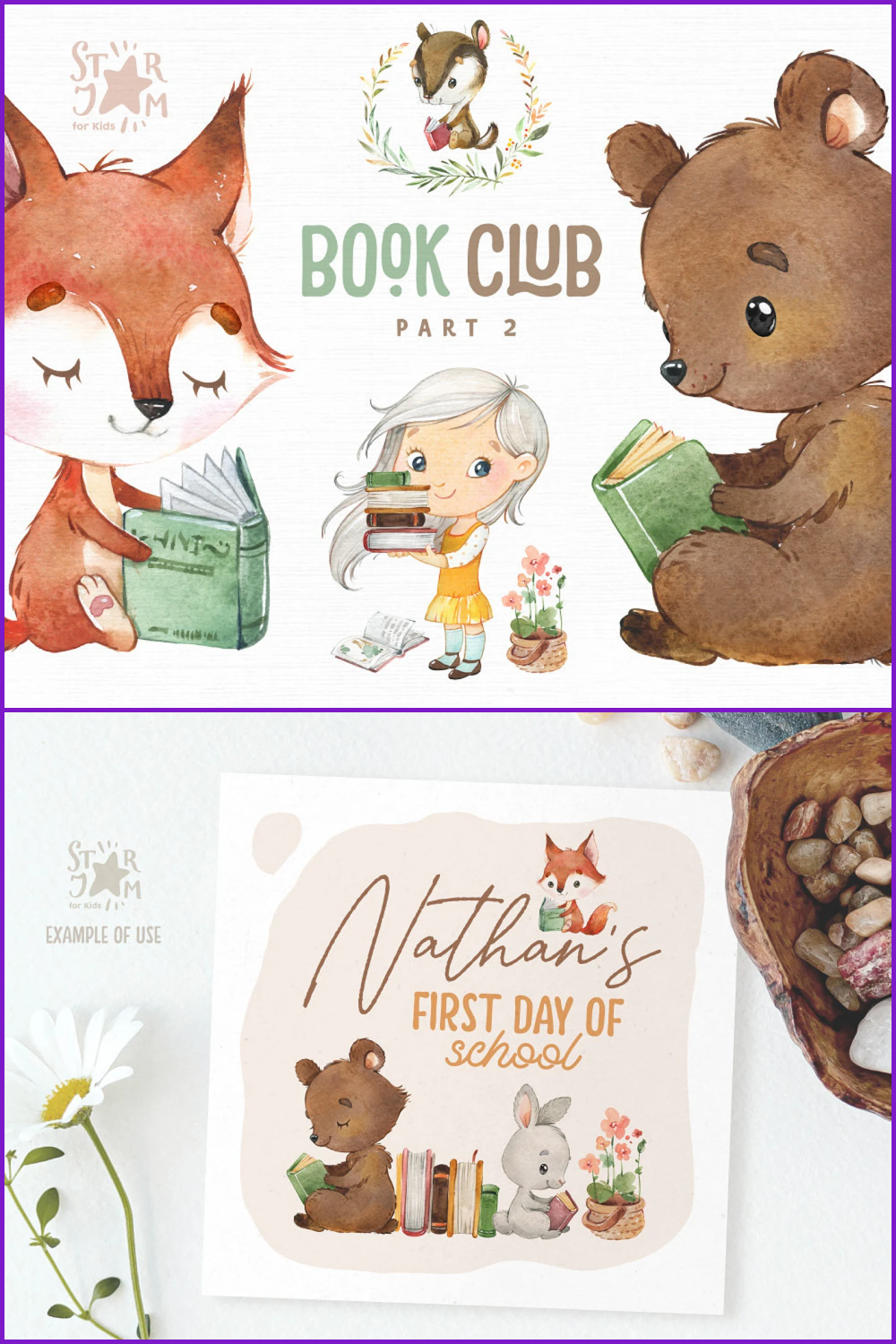 Collage with painted girl, fox and bear with books.