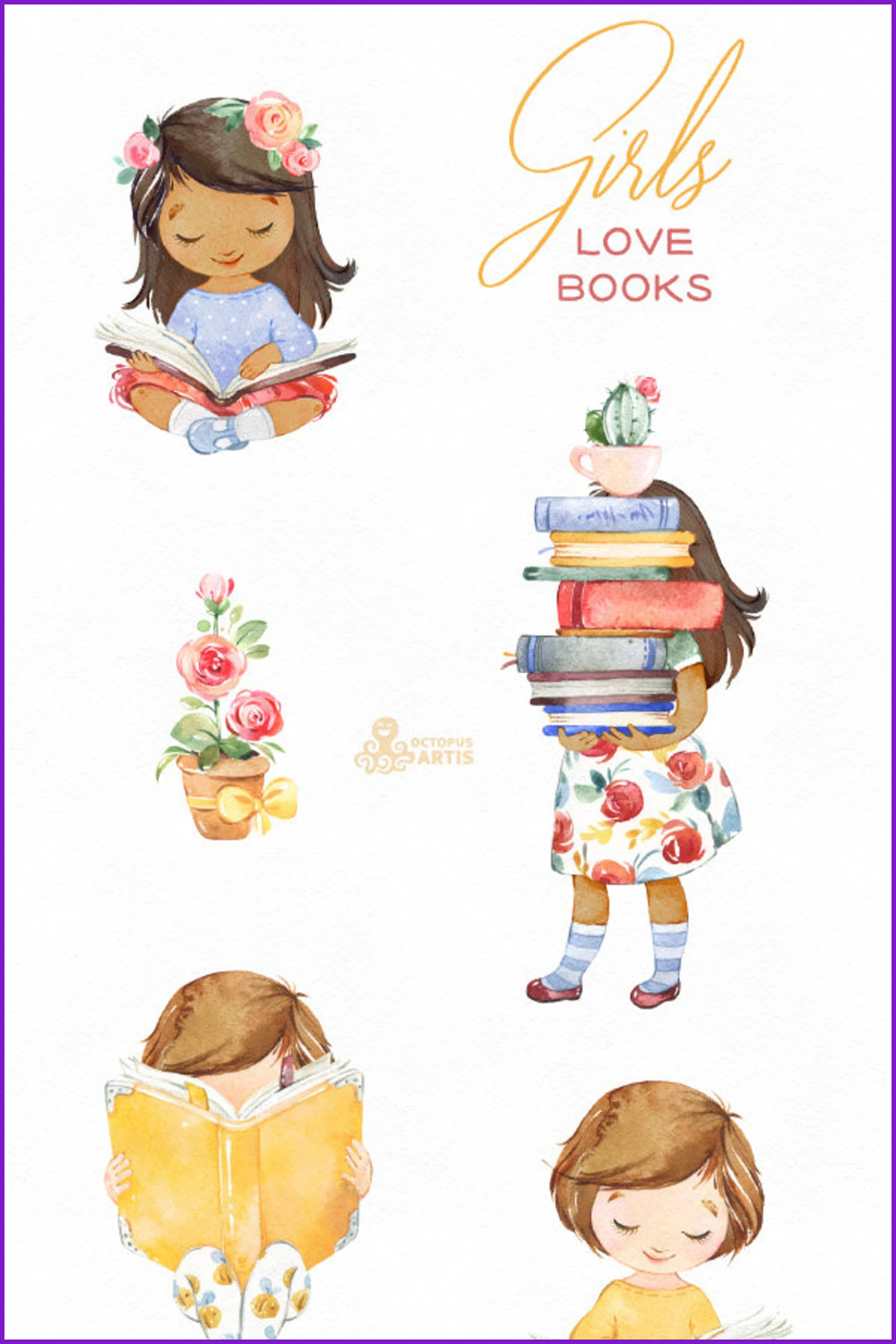 Drawn little girls with books.