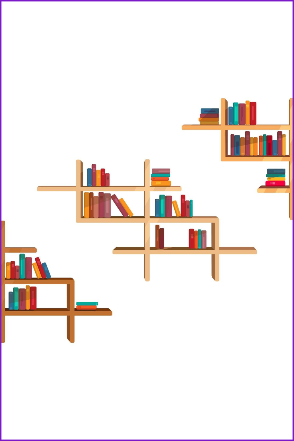 Drawn multi-level shelves with books on them.