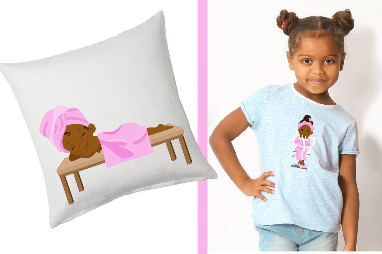 Baby girl design on the pillow and t-shirt.