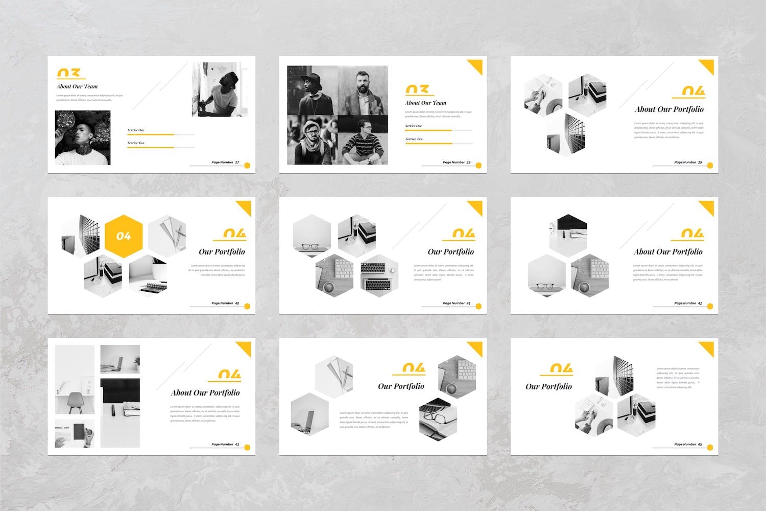 Grey colored slides with yellow elements.