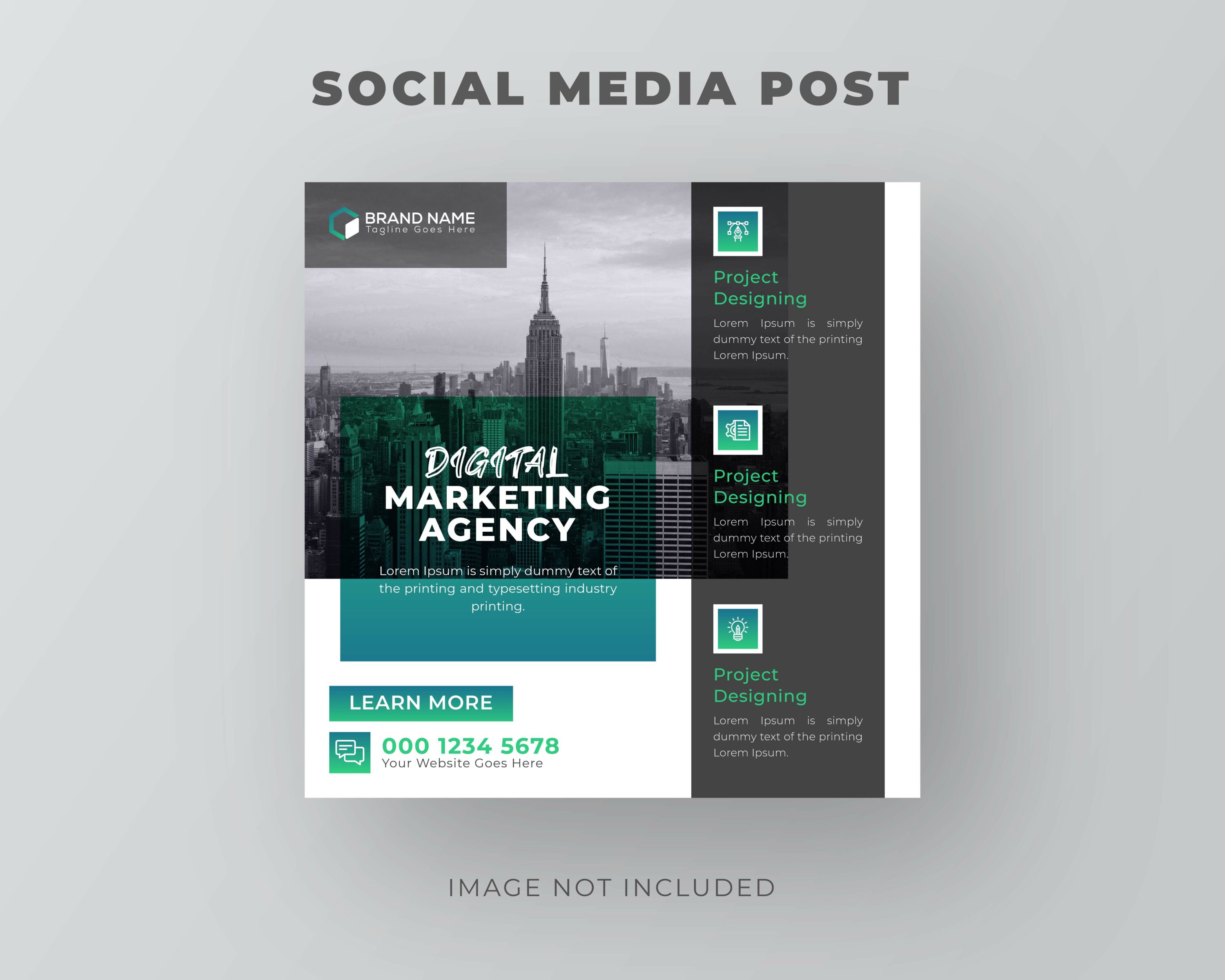 10 Marketing Business Social Media Instagram Post Template - Only 4$, empire state building with gray and green designs.