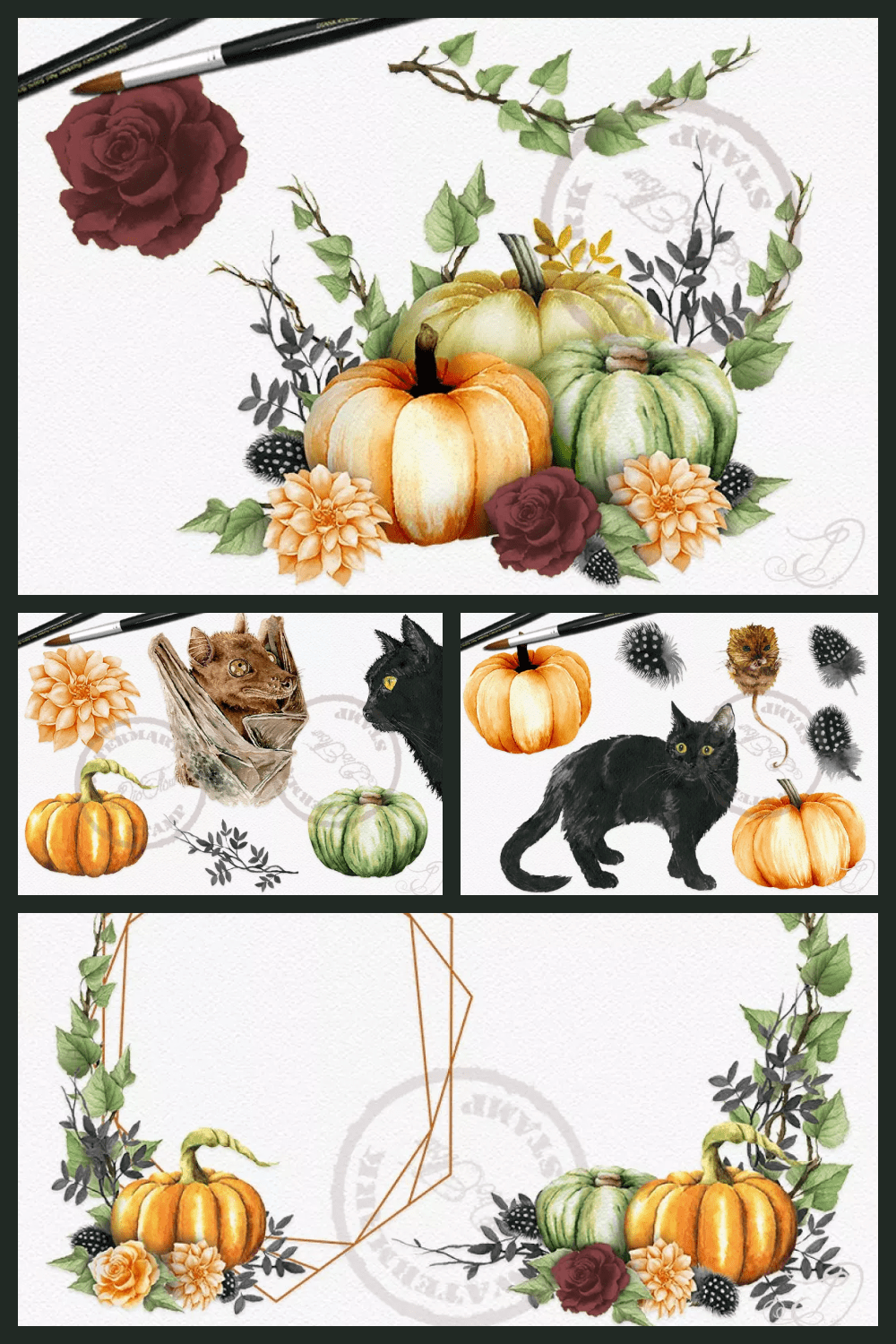 A collage of images of a black cat next to yellow and green pumpkins.